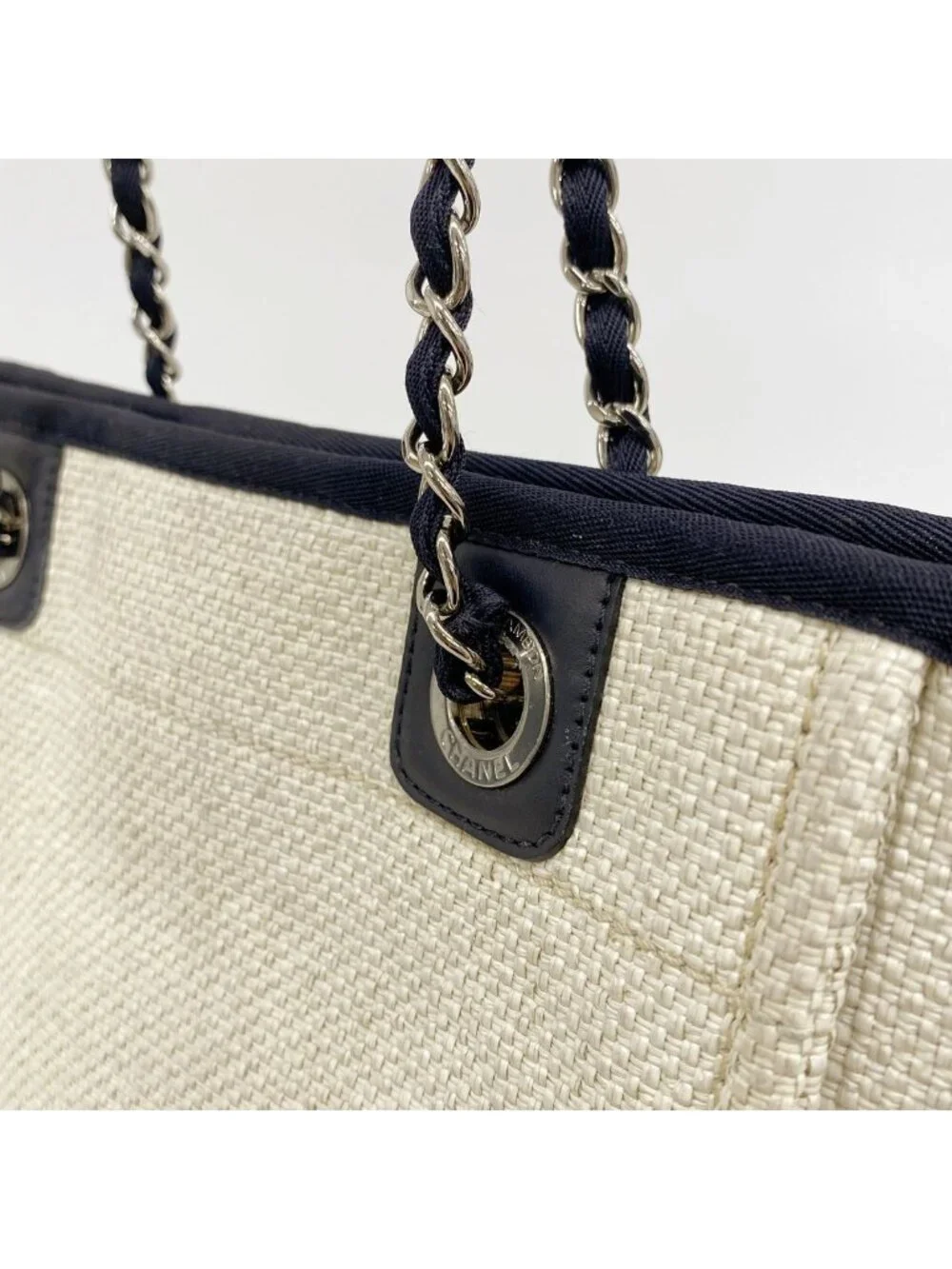 Chanel Chain Tote Bag Deauville Raffia Ivory Navy Silver